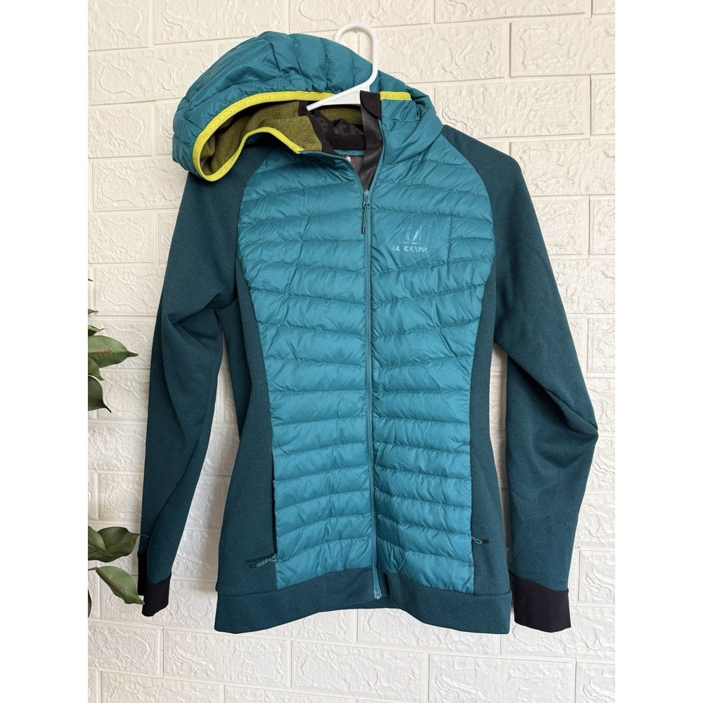 Black Yak Womens Basecamp Hoddy Lenore Teal Yellow Down Puffer Jacket XS